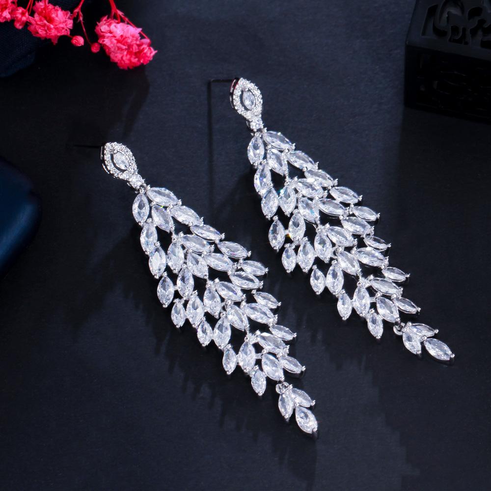CMM Shiny Silver Color Cubic Zirconia Long Leaf Drop Earrings for Brides