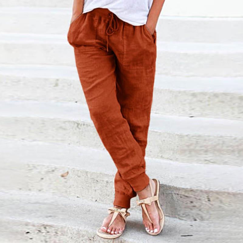 Women's Casual Cotton Hemp Pants Pure Color High Waist Ankle Simple Spring Autumn Female Pocket Pant