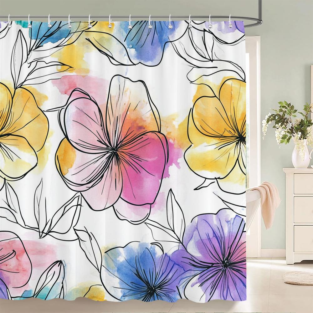 Watercolor Flowers Shower Curtain, Floral Plant Bathroom Decorative Shower Curtain, Waterproof Shower Curtain with Hooks