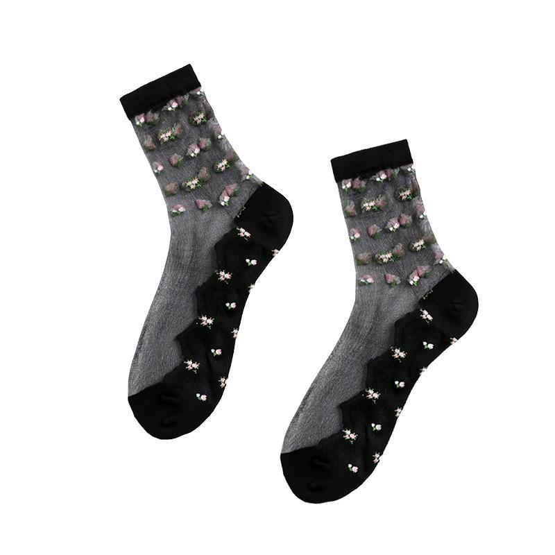 5 Pairs of Women's Spring and Summer Plus Cotton Bottom Floral Mesh Non Slip Crystal Silk Mid Tube Socks
