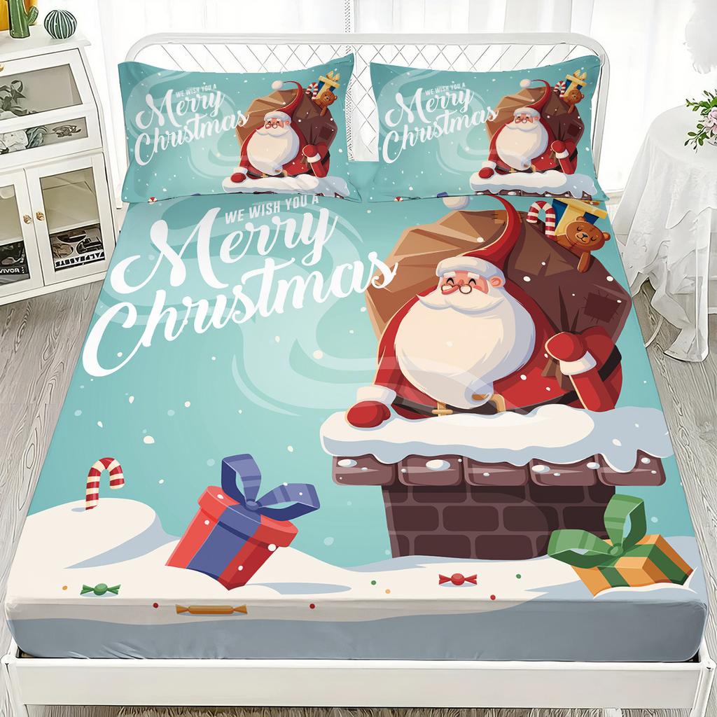 Santa Claus Elk Christmas Tree Print Coreless Fitted Sheet Set Christmas Theme Fitted Sheet Soft Bedspread Bedroom Bedding Decor