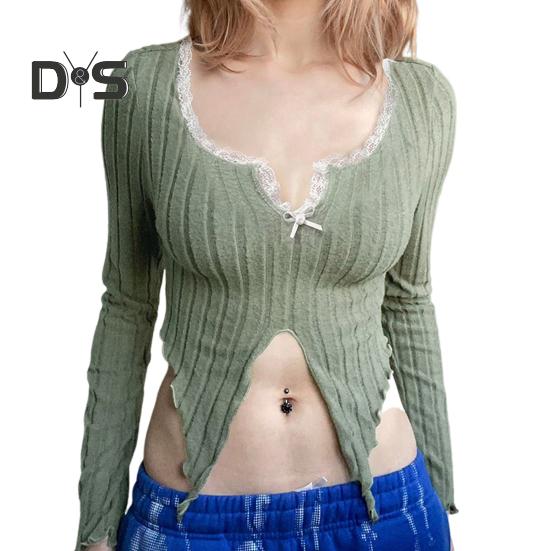 

Женские топы с V-образным вырезом, кружевной строчкой, длинным рукавом, неровным подолом, однотонные облегающие укороченные топы в рубчик S зелёный