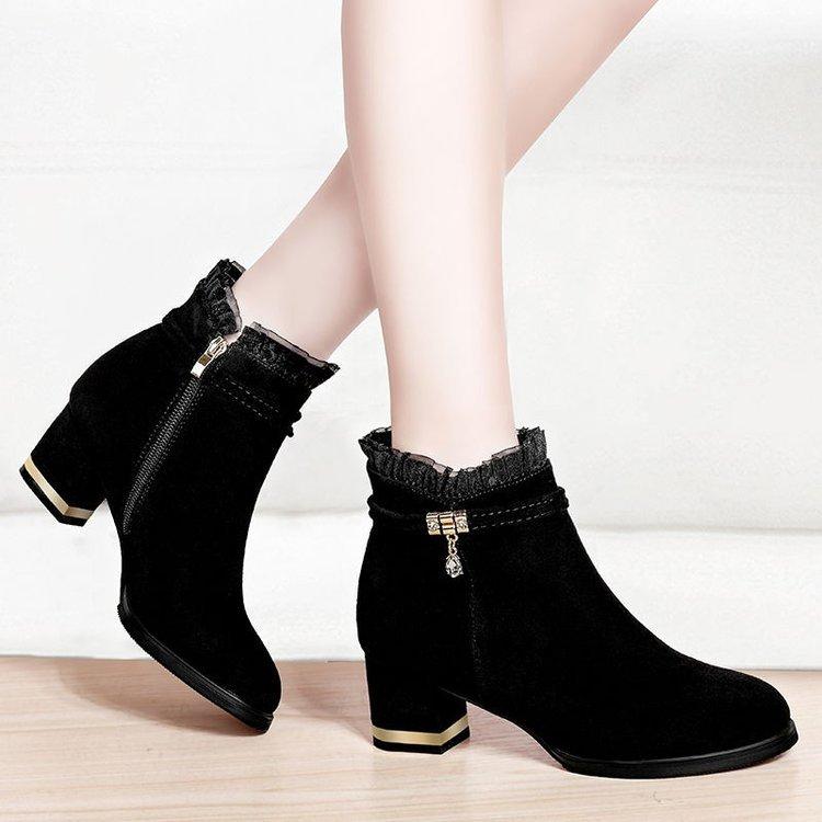 Fashion Winter Boots for Women,Chunky Heel with Rhinestone Lace Details,Plush Lined Chic Booties