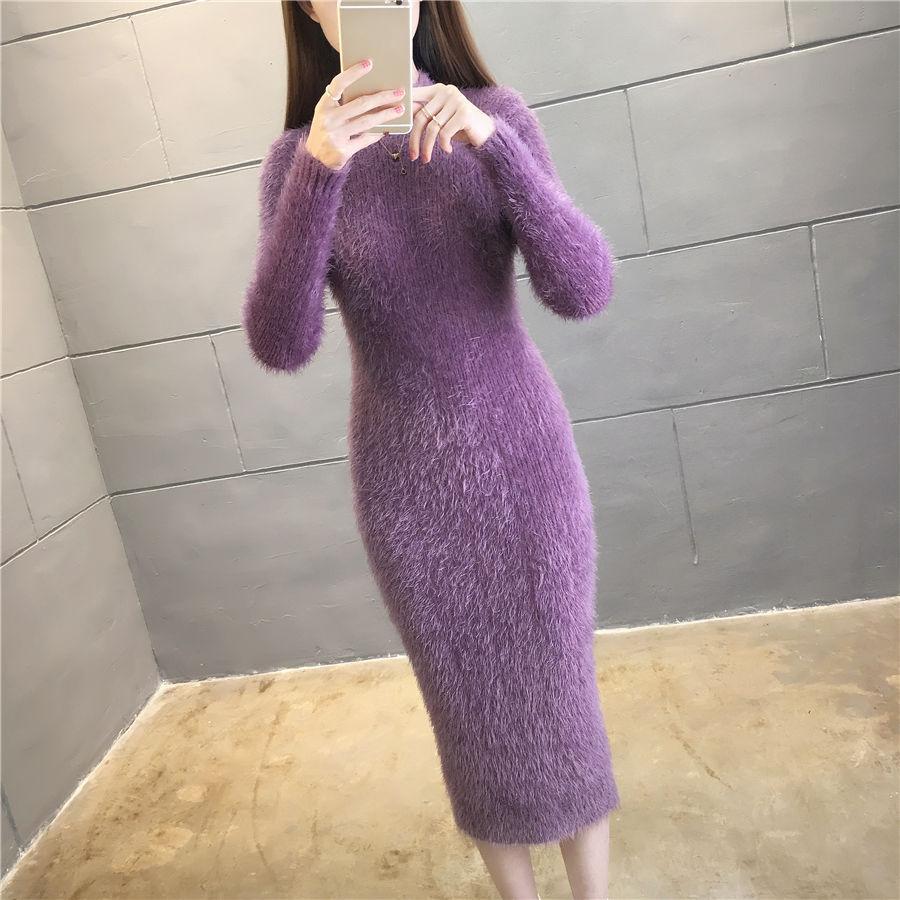 Abiti Semplici Autunno Inverno Donna Tinta Unita Scollo a O Ispessito Manica Lunga Slim Midi A-line Sacca Hip Vestito in Maglia