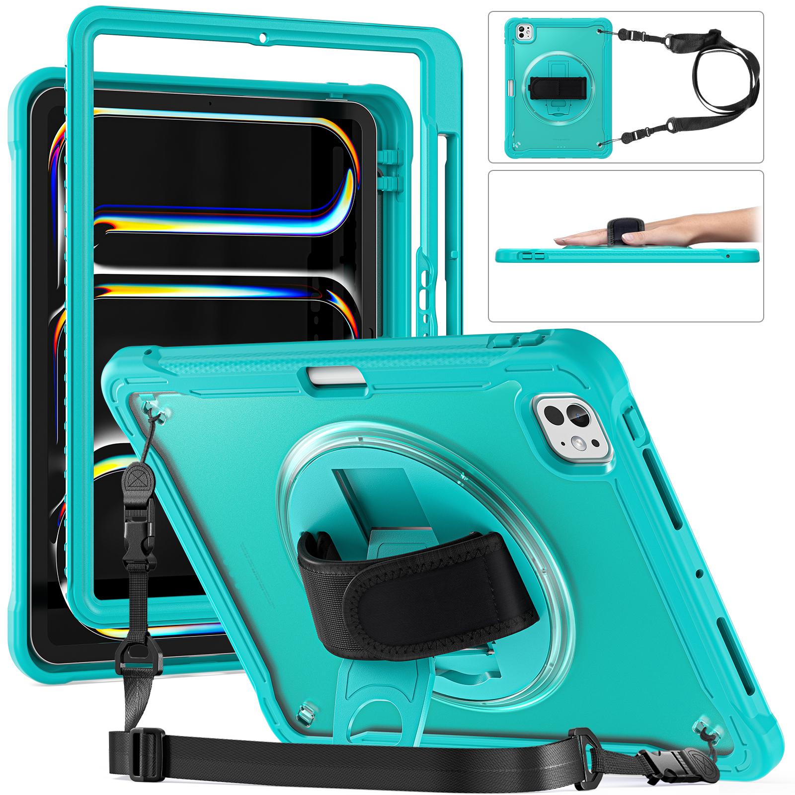 

For iPad Pro 11 (2024) Case Hand Strap Kickstand PC+TPU+Silicone Cover with Shoulder Strap Baby Blue
