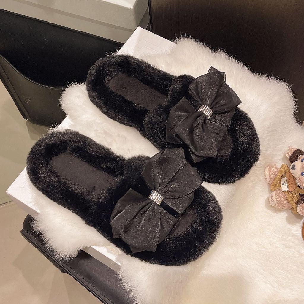 Bow-tie Fluffy Slippers Women's Indoor 2025 Autumn and Winter Large Size Soft Bottom Plush Office Home Flat Cotton Slippers