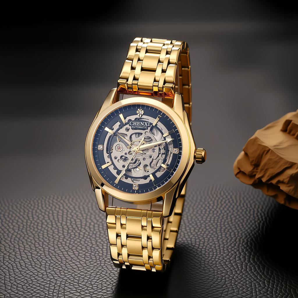 Men's Automatic Mechanical Watch 3ATM Waterproof Luminous Analog Display Stainless Steel Adjustable Belt Gold Fashion Accessory