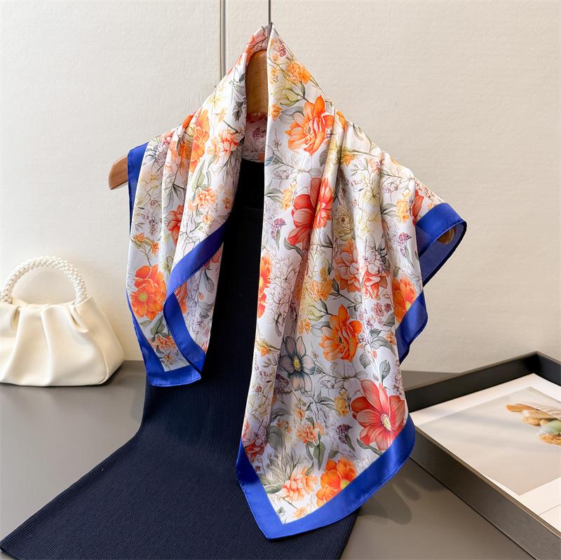 2026 New Floral Print Designer 70Cm Square Silk Women's Scarf Spring Summer Satin Scarves Shawl Headband Bandana Hijab Wrap