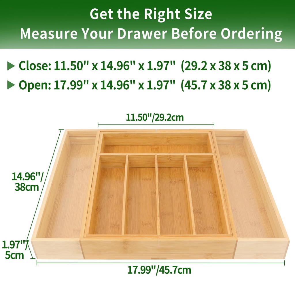 VaeFae Bamboo Silverware Organizer, Expandable Kitchen Drawer Organizer for Cutlery, Wooden Utensil Holder, Multifunctional Drawer Storage, 5-7 Compar