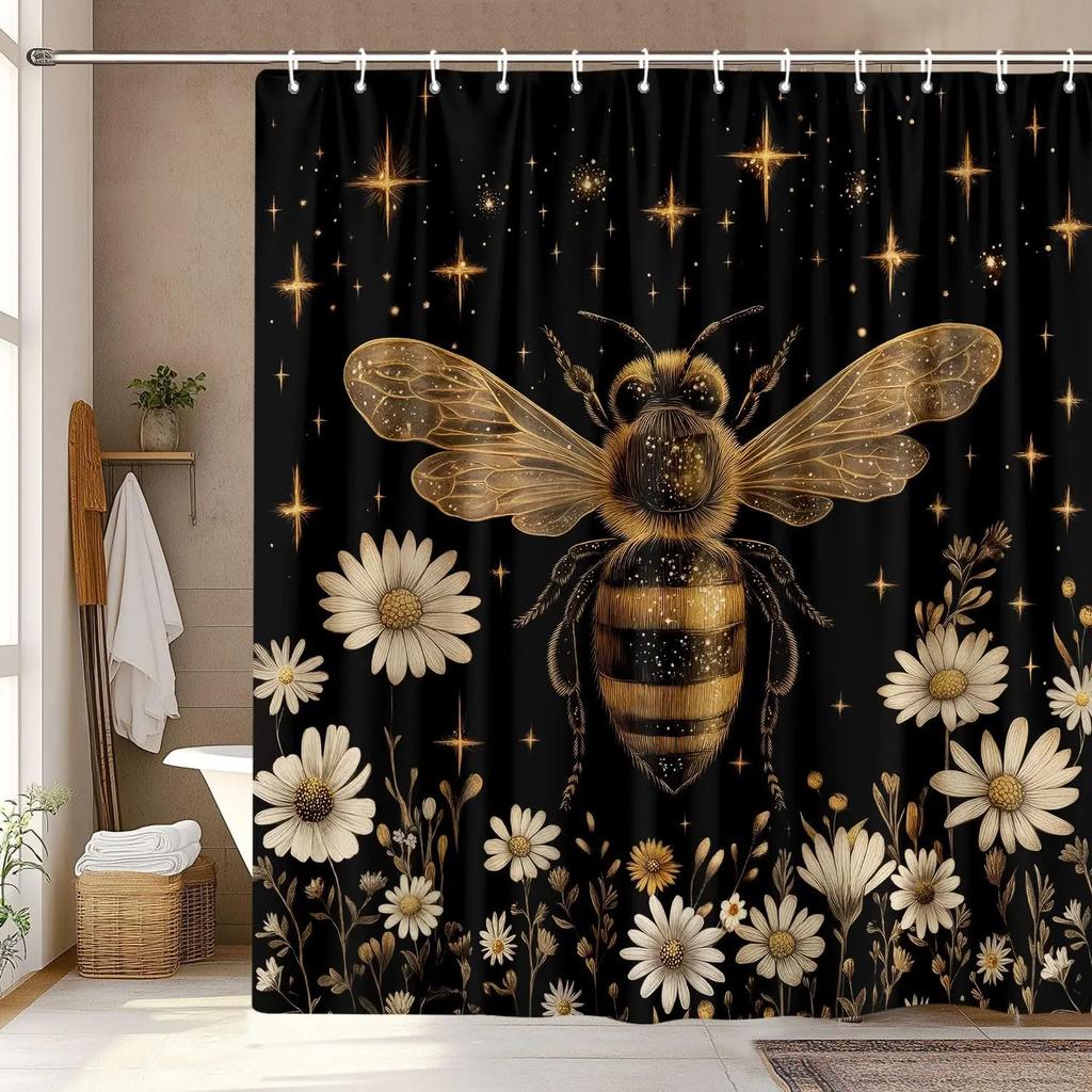 Vintage Boho Shower Curtain Black and Gold Floral Bathroom Aesthetic Decorative, Funny Rustic Bee Daisy Flowers Witchy Eclecti