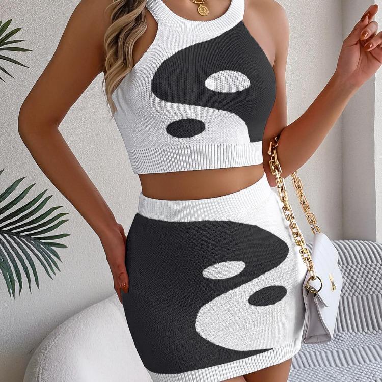 Women Sleeveless Knit Two Piece Set Half Collar Pullover Sweater Suit Multicolor Skirts