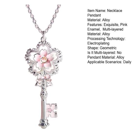 Cherry Blossom Key Necklace Pendant Pink Enamel Alloy Choker Romantic Jewelry Gift for Women Girlfriend Mom