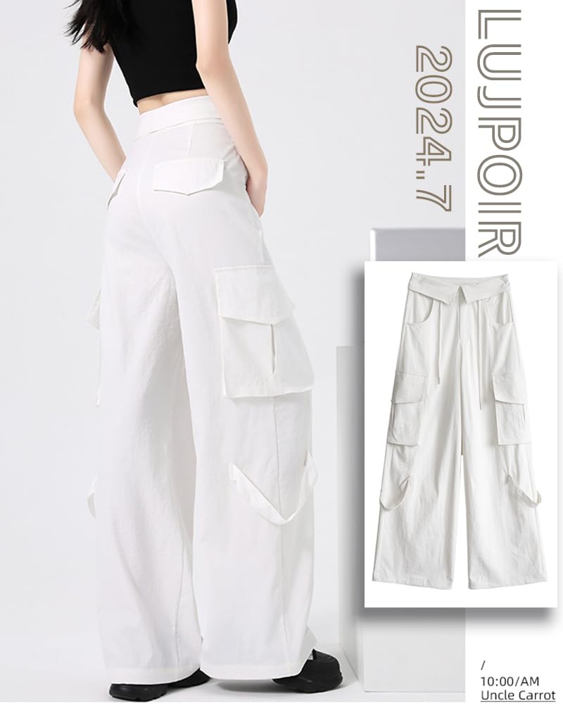LUJPOIR Cargo Long Pants with Elastic Waist and Relaxed Loose Solid Color White Size M Women's Pants, Drawstring, Fit, Sweatpants, Fit, Casual,