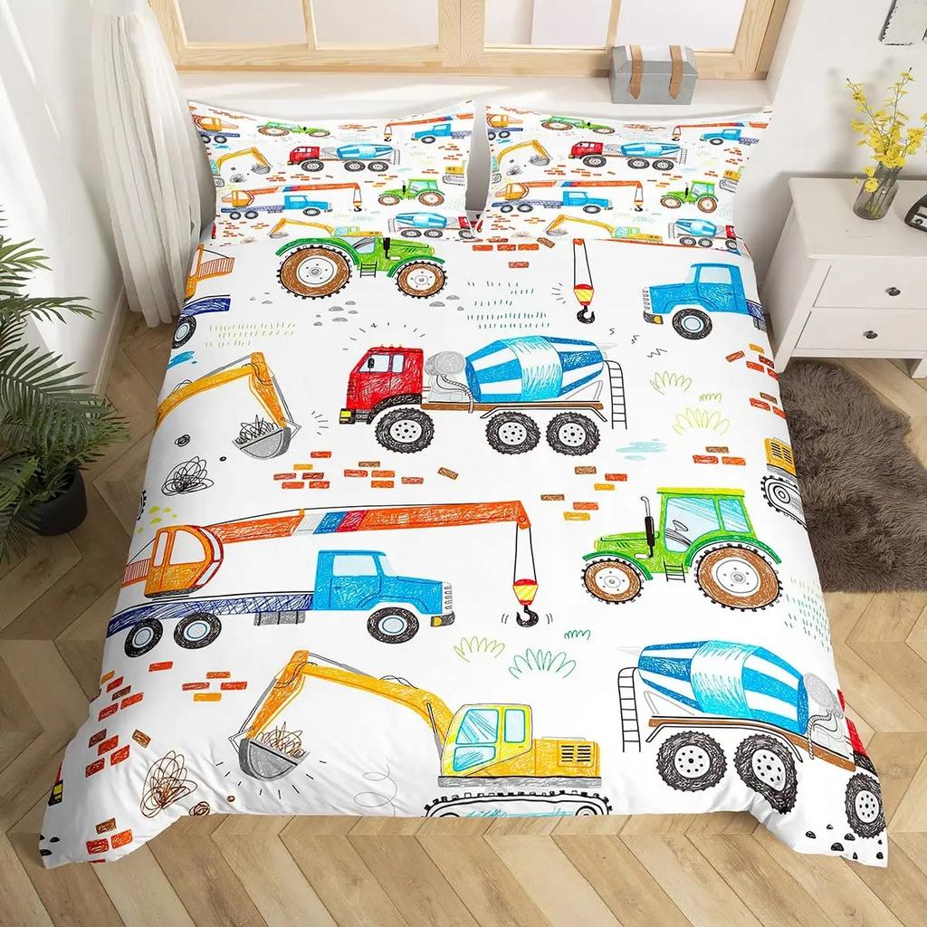 Construction Vehicles Truck Car Bedding Set Boys Excavator Duvet Cover Kids Cartoon Tractor Truck Soft Polyester Comforter Cover