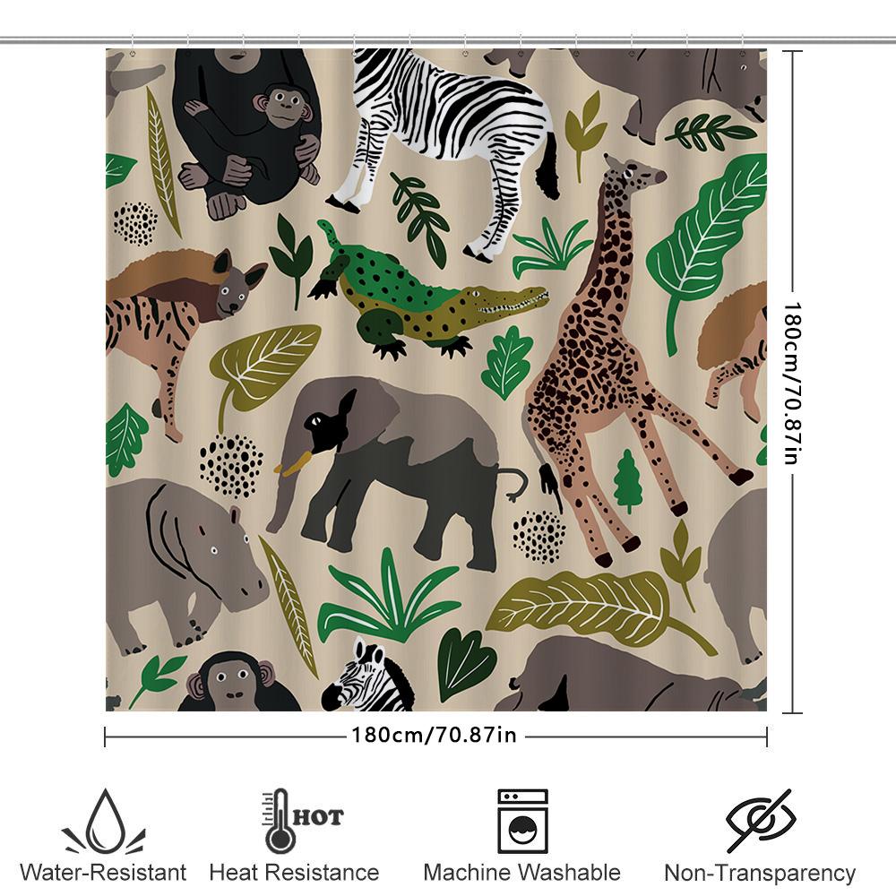 Animal Adventure Shower Curtain Jungle Safari Theme With Zebra, Giraffe Elephant Design Waterproof Fabric For Bathroom Decoratio