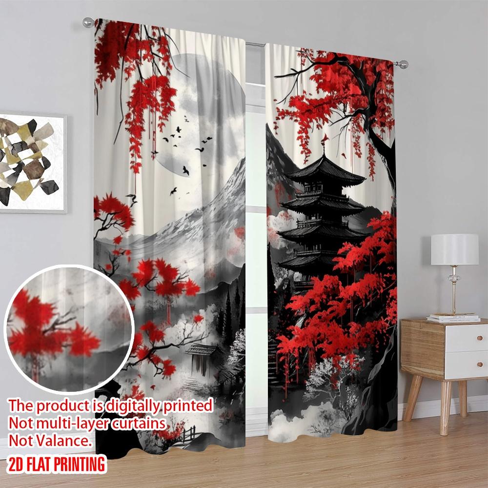 2pcs,2D Plane Printing Curtain Popular Crimson Serenity(1) Durable Polyester (without Rod) Gifts for Bedroom, Kitchen, Office &