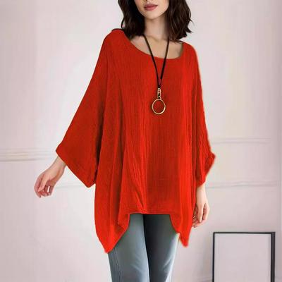 Damen T-Shirt Mittellanger Ärmel Einfarbig Lässig Locker Fledermausärmel Rundhals Shirt Weiblich Sexy Übergröße Oberteil