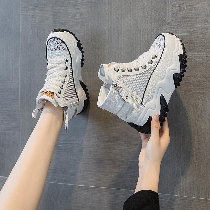 Women's summer 2025 new leather through the net dad shoes retro lightweight inner height increase casual sports shoes platform sandals