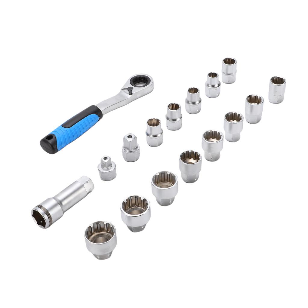 17Pcs Pass Through Socket Set 3 8in 1 2in Drive Metric Sockets with 2 in 1 72 Tooth Ratchet Cr V Steel