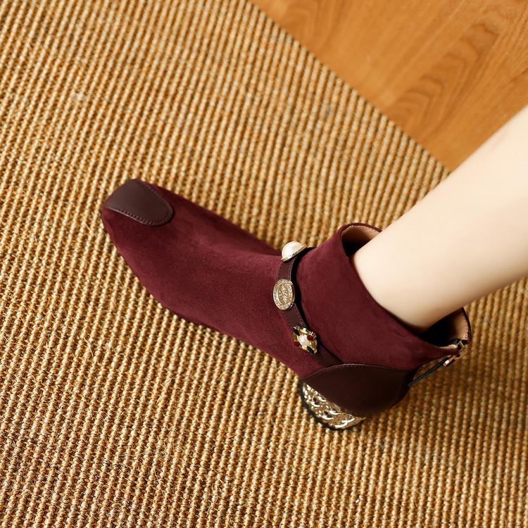 Móda Nové Podzim/zima Ovčí semiš Dámská bota Boty se čtvercovou špičkou pro ženy Módní kozačky S přezkou Střední podpatky Krátké kozačky Zip Černé kozačky