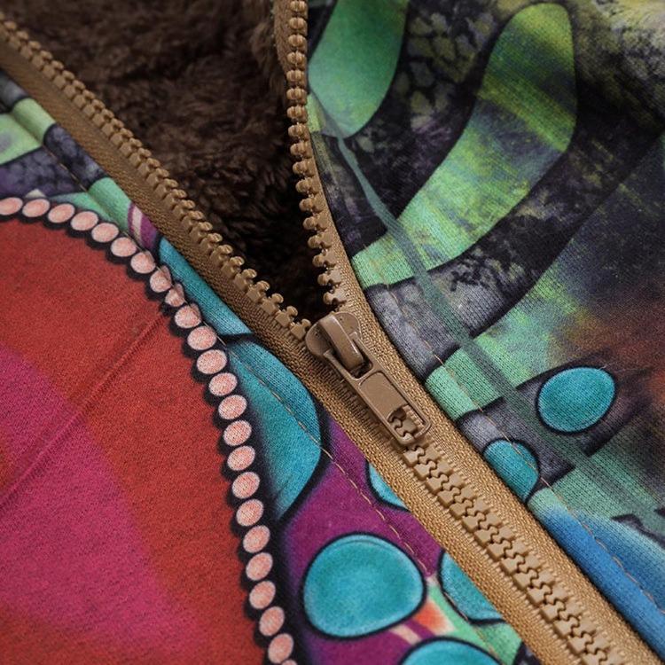 Zimní teplý dámský kabát nadměrné velikosti s květinovým potiskem, vintage svrchní oděv s kapucí a kapsami