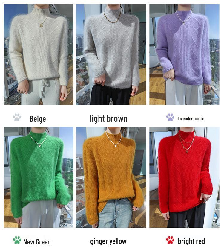 Women's Mink Cashmere Sweater, Semi-High Neck, Thick Loose Knit Pullover
