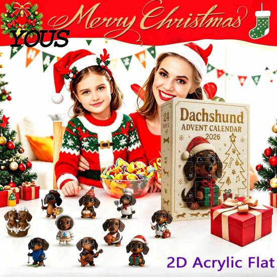 Decorazione per Albero Cucciolo Carino 2026 Calendario dell'Avvento Bassotto con 24 Decorazioni Acriliche 2D Uniche, Decorazione Festiva da Appendere per Natale Scatola Conto alla Rovescia