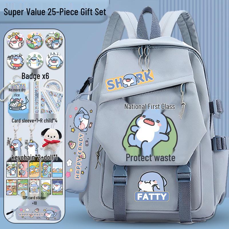 Fatty Shark Backpack: Lightweight, Cute, Large Capacity Schoolbag for Grades 3-6 Boys & Girls