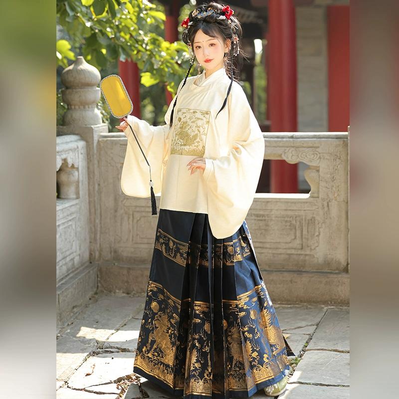 Chinese Ming Dynasty Style Hanfu, Round Neck Embroidered Pipa Sleeve Short , Horse-faced Skirt