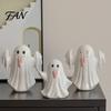 Soft LED Warm Light Lamp Up Ceramic Ghost Figurines for Halloween Decor, Cute White Statue Decorative Sculpture with Pink Tongue, Night Home