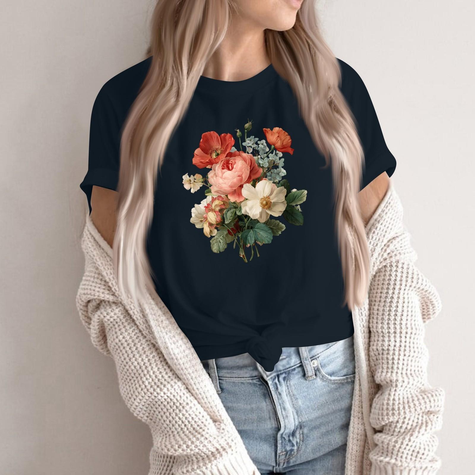 

Women s Fashion Casual Printed Round Neck Short Sleeved Pullover T-Shirt Top XXL Темно-синій