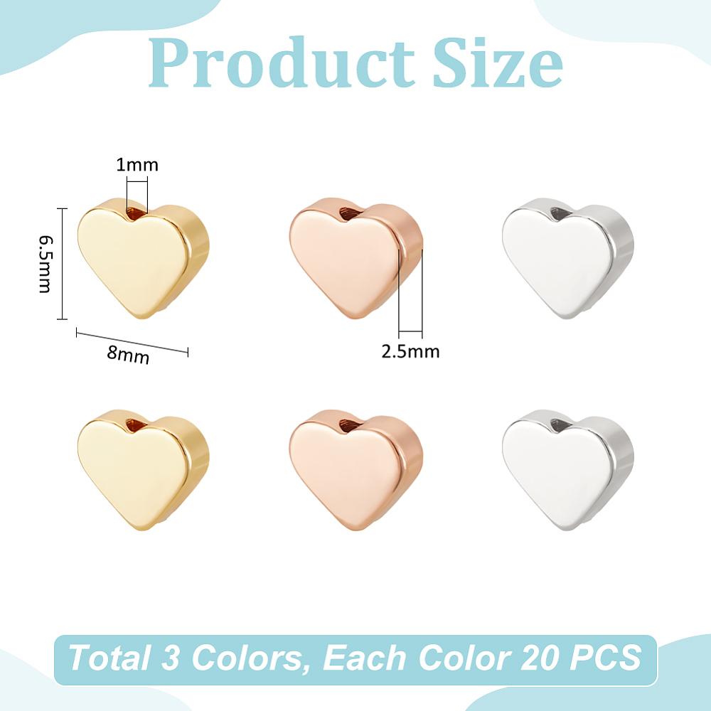 60Pcs 3 Colors Rack Plating Brass Beads, Long-Lasting Plated, Cadmium Free & Lead Free, Heart, Mixed Color, 6.5x8x2.5mm, Hole: 1mm, 20pcs/color