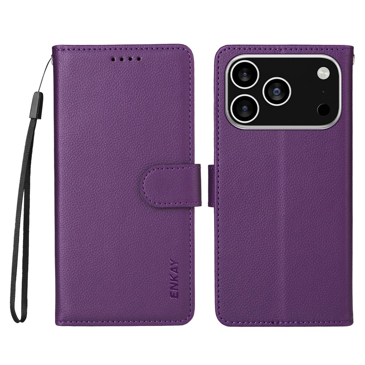 

ENKAY HAT PRINCE For iPhone 17 Pro Max Wallet Case with Strap RFID Blocking Leather Stand Phone Cover Purple