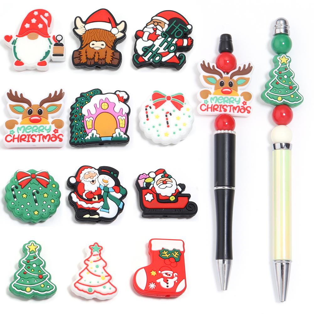 2pcs Silicone Beads Lovely Christmas Series Santa Reindeer Snowman Tree Loose Beads For Jewelry Making DIY Christmas Gifts Decor