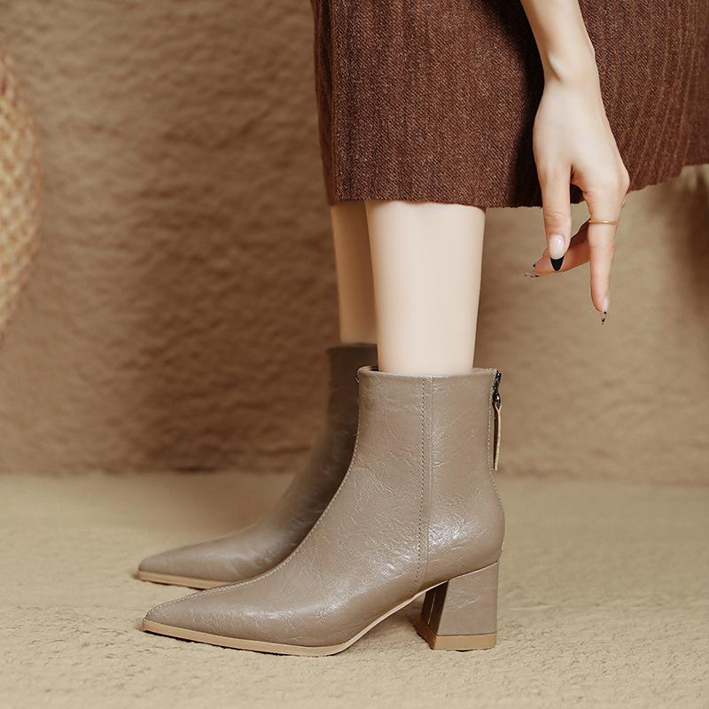Custom Women's Boots~ High Heel Boots Pointed Short Boots Skinny Boots New Autumn and Winter Brown Boots Coarse Heel Medium Leather Boots