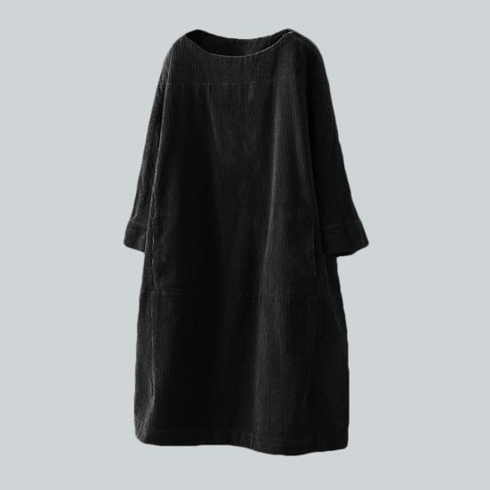 Hochwertiges, großes Damen-Herbst- und Winterkleid, lässig, warm, einfarbig, Taschen, Cord, lockeres Midi-Kleid