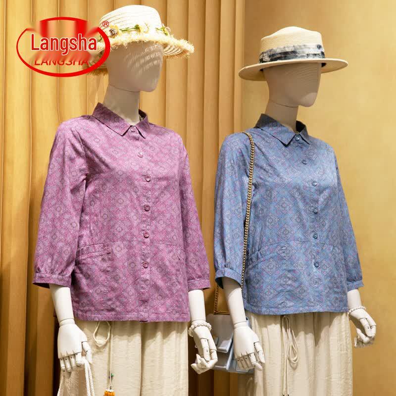 Langshen Middle-Aged Women s Floral Summer Shirt Set L