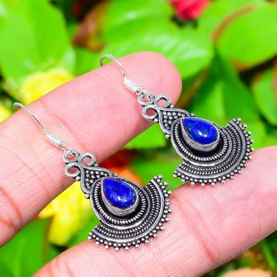 Natural Lapis Lazuli Gemstone 925 Sterling Silver Gift Earring 1.73" W3g47