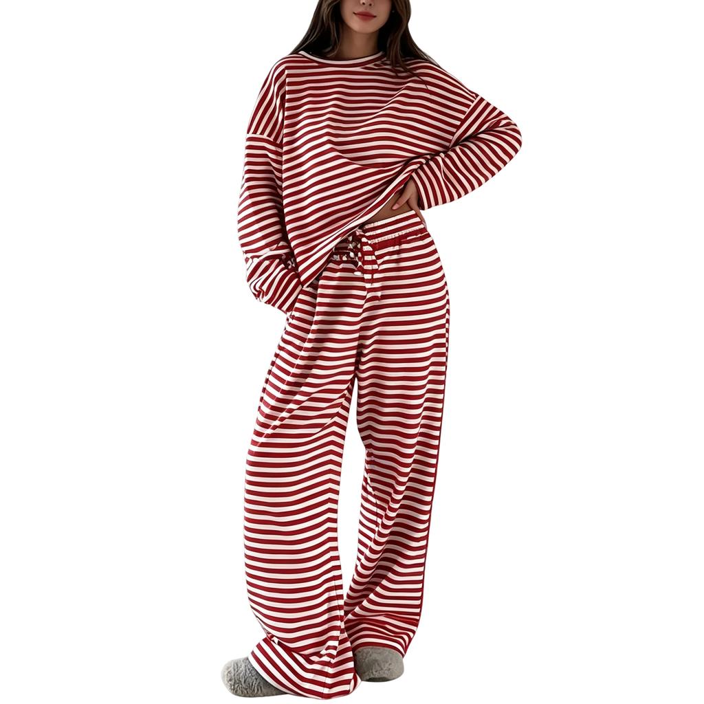 Women's Striped 2 Piece Set with Long Sleeve Top and High Waisted Pants