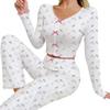 Yousheng Women Lace Trim Pajama Set Long Sleeve V-Neck Front Button Tops Full-Length Pants Sleepwear Nightwear