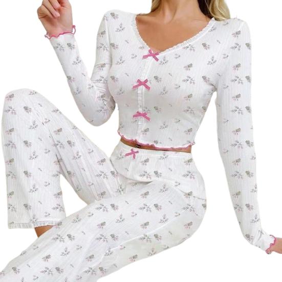 Yousheng Women Lace Trim Pajama Set Long Sleeve V-Neck Front Button Tops Full-Length Pants Sleepwear Nightwear