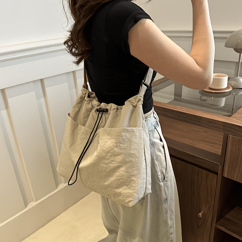 Chic Large Capacity Tote Bag with Adjustable Strap Drawstring Closure Polyester Lining Minimalist Shoulder Handbag for Women Versatile Tote Bag