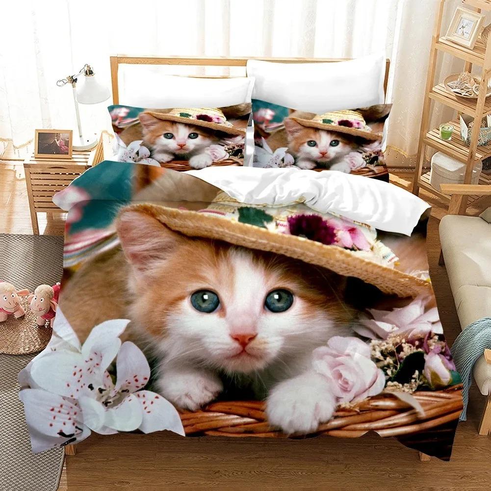 Cats Soft Duvet Cover Set for Boy Girl Lovely Animal Printed Beding Set Pet Theme Warm Comforter Cover Pet Bedspread Comfortable Quilt Cover Set