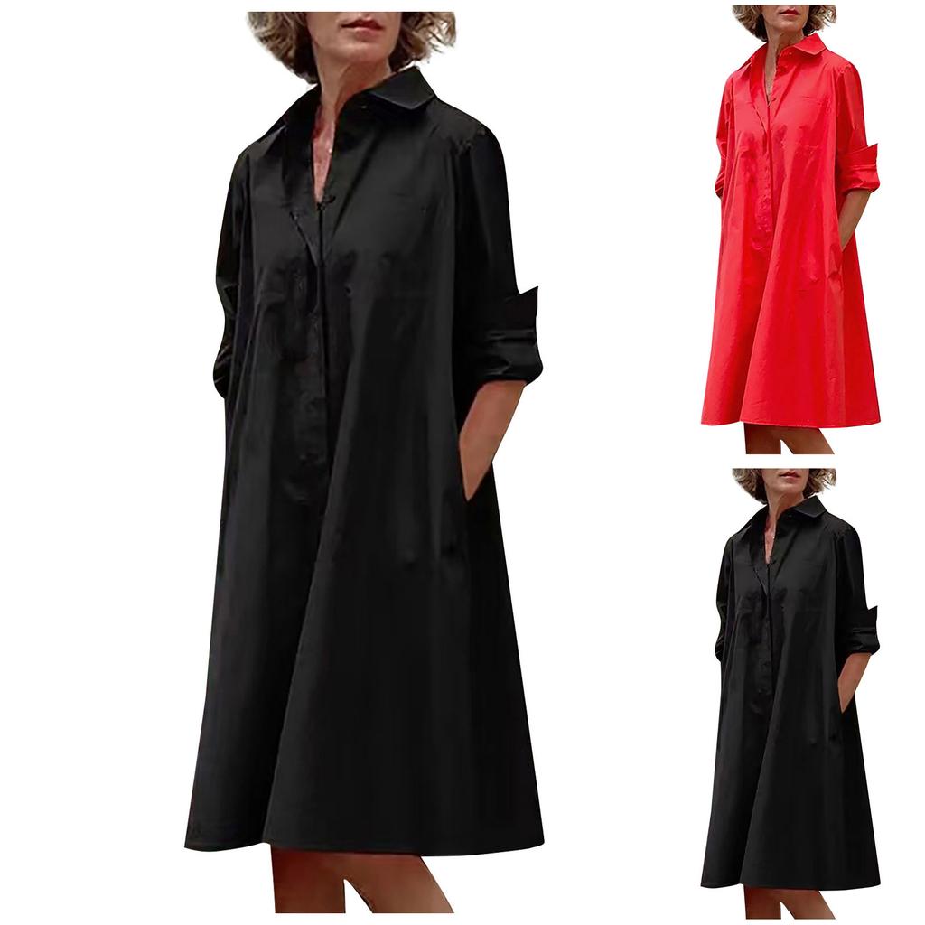 Modna damska sukienka na co dzień w jednolitym kolorze, z kołnierzykiem i długim rękawem