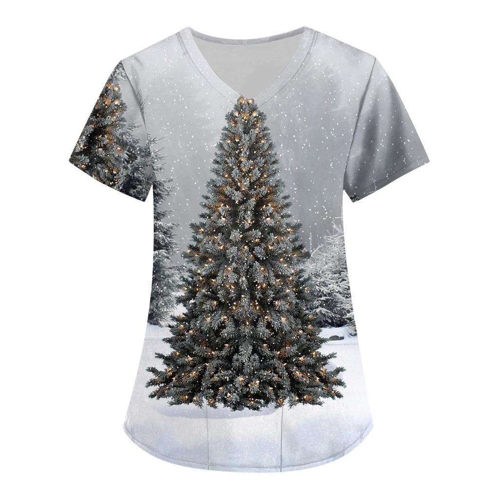 Plus Size Printed Scrub Working Uniform Tops For Women's V-Neck Christmas Print Short Sleeve Fun T-Shirts Workwear Tee With Pockets