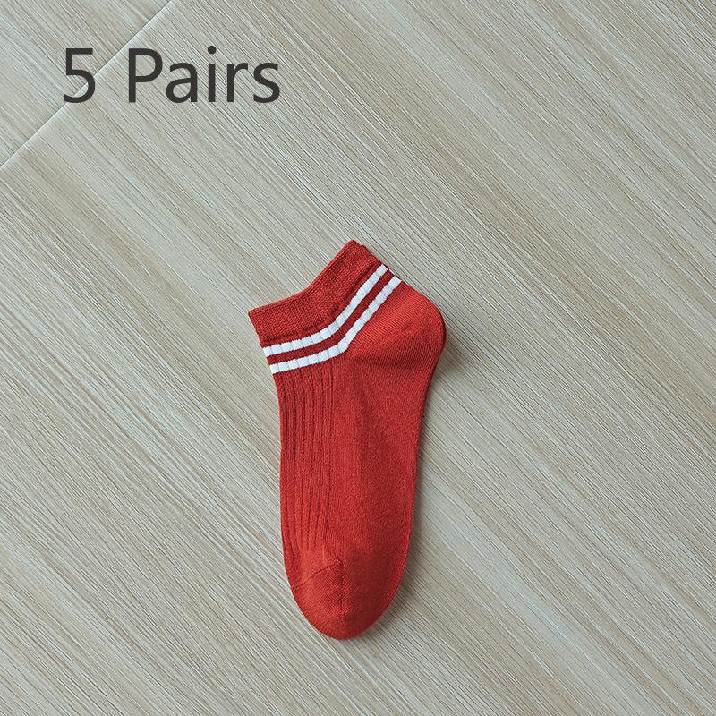 

5 Pairs of Female Pure Cotton Non Slip Non Drop Heel Anti Bacterial Breathable Sweat Absorbing Boat Socks 5 Pairs красный