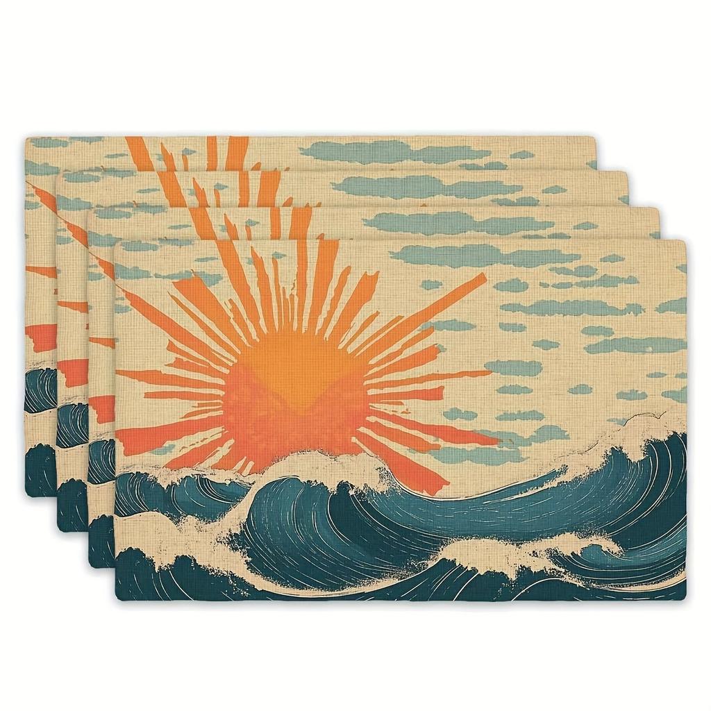 Vintage Sun and Wave Pattern Placemats - Set of 4, Polyester Rectangular Table Mats (12 x 18 Inches), Machine Washable, Ideal fo