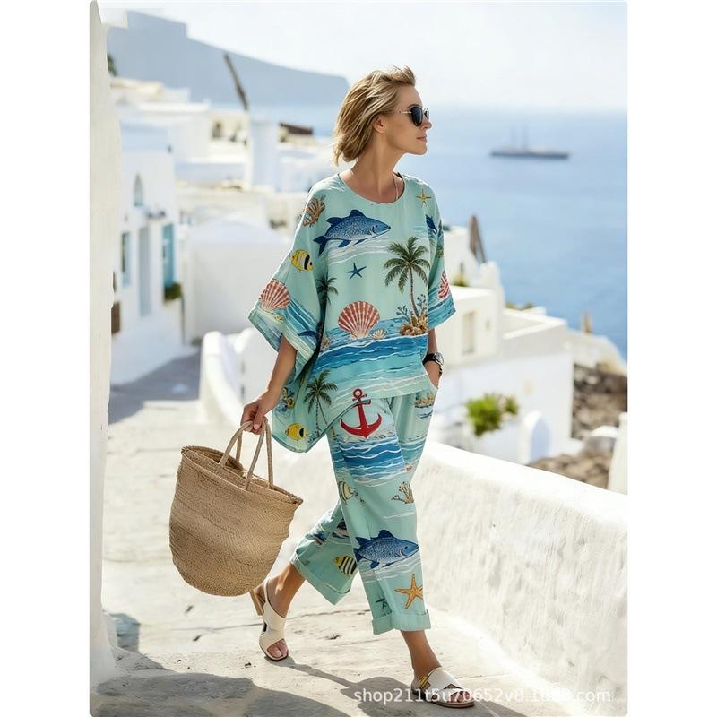 1116 European and American women's bohemian print casual suit women's clothing vacation loose two-piece set in stock