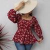 Women's Long Sleeve Square Neck Waist Printed Floral Shirt