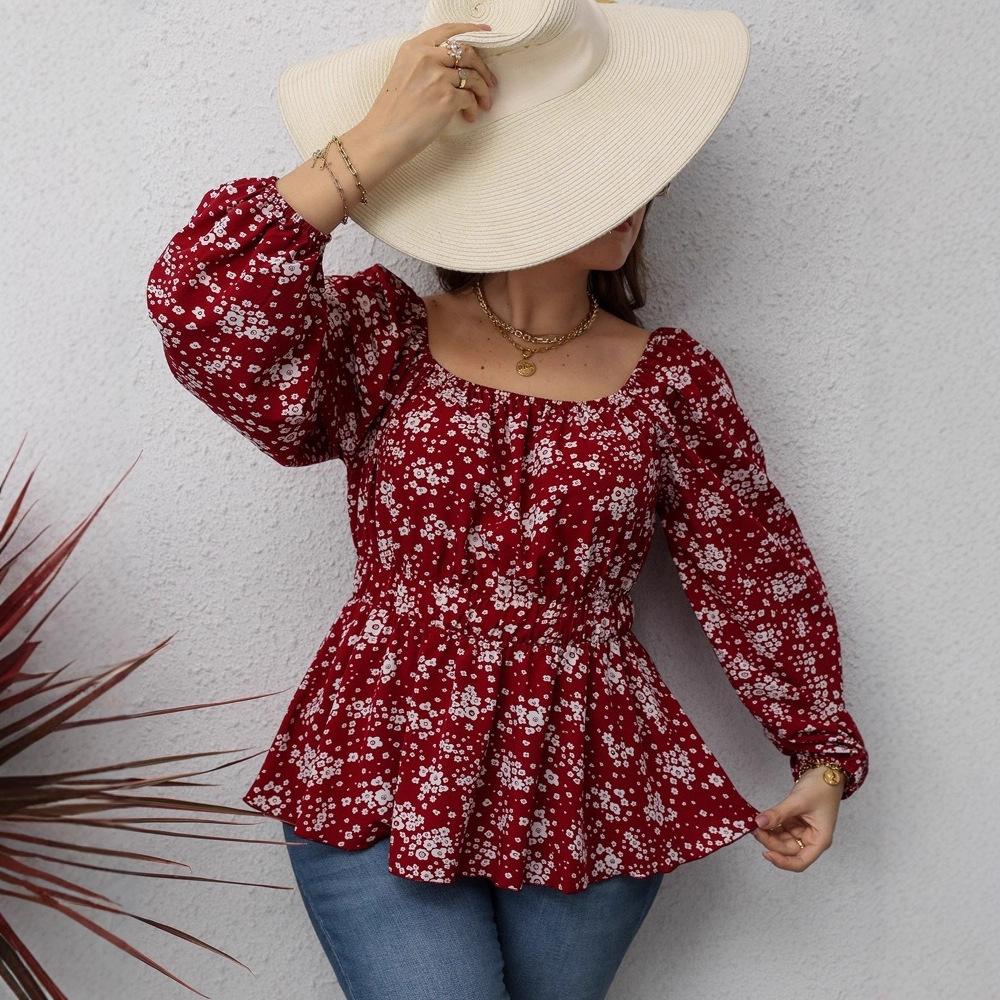 Women's Long Sleeve Square Neck Waist Printed Floral Shirt